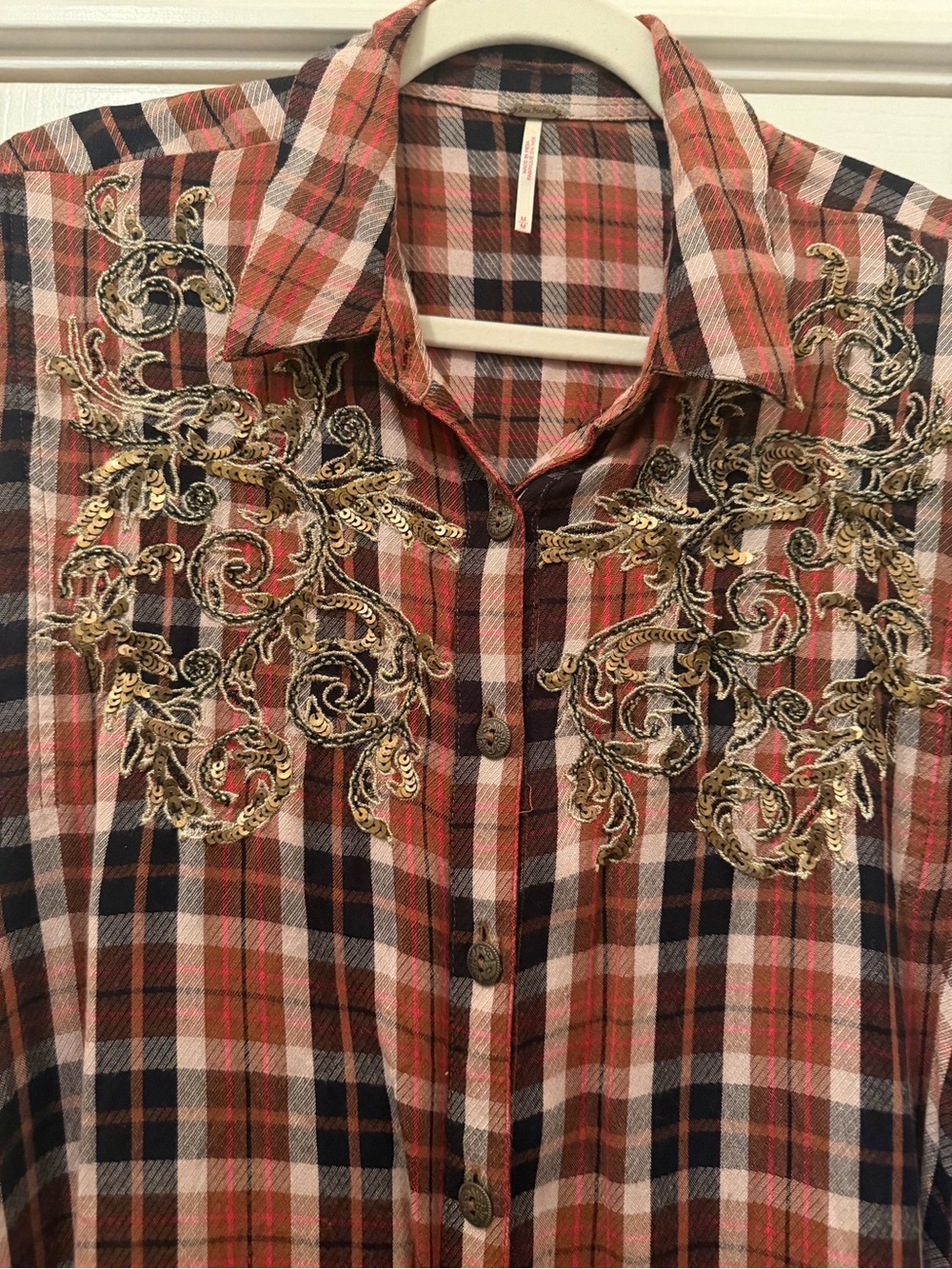 0145. Free People Snow Topped Mountains Rust Plaid Embroidered Button-Down Shirt - Picture 7 of 13